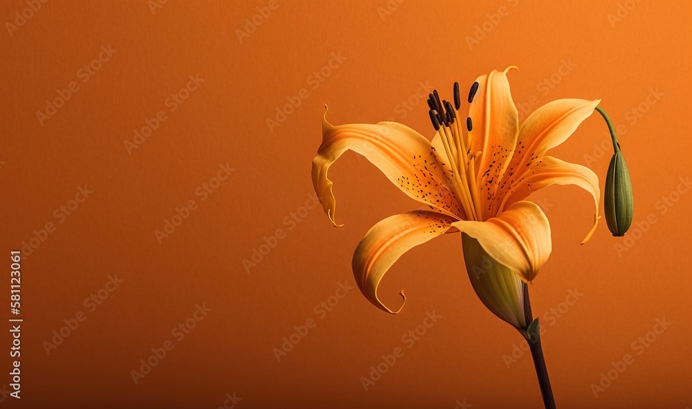  a single yellow flower with a green stem on an orange background with a black spot in the center of