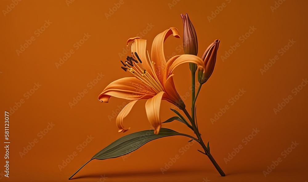  a single orange flower on an orange background with a green leafy stem in the center of the picture