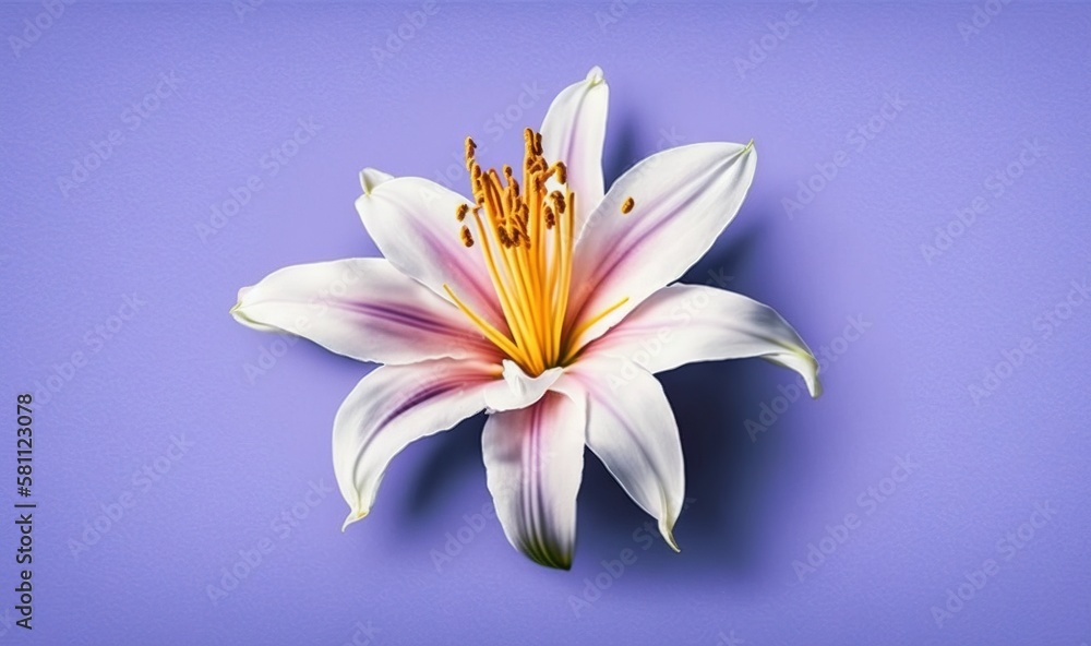  a white and pink flower on a purple background with a yellow stamen in the middle of the center of 