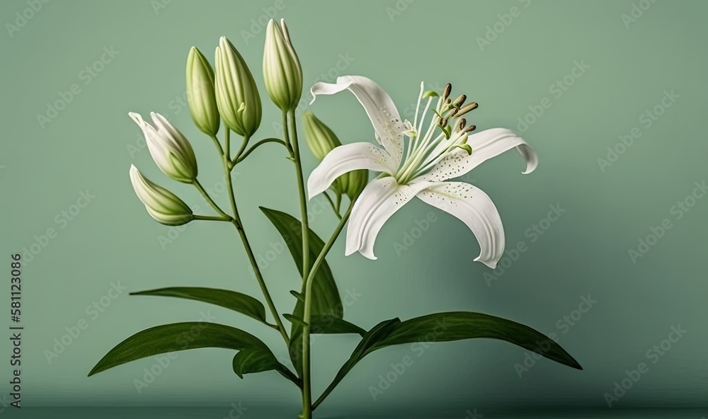  a white flower is in a vase on a table with a green wall in the background and a green wall in the 