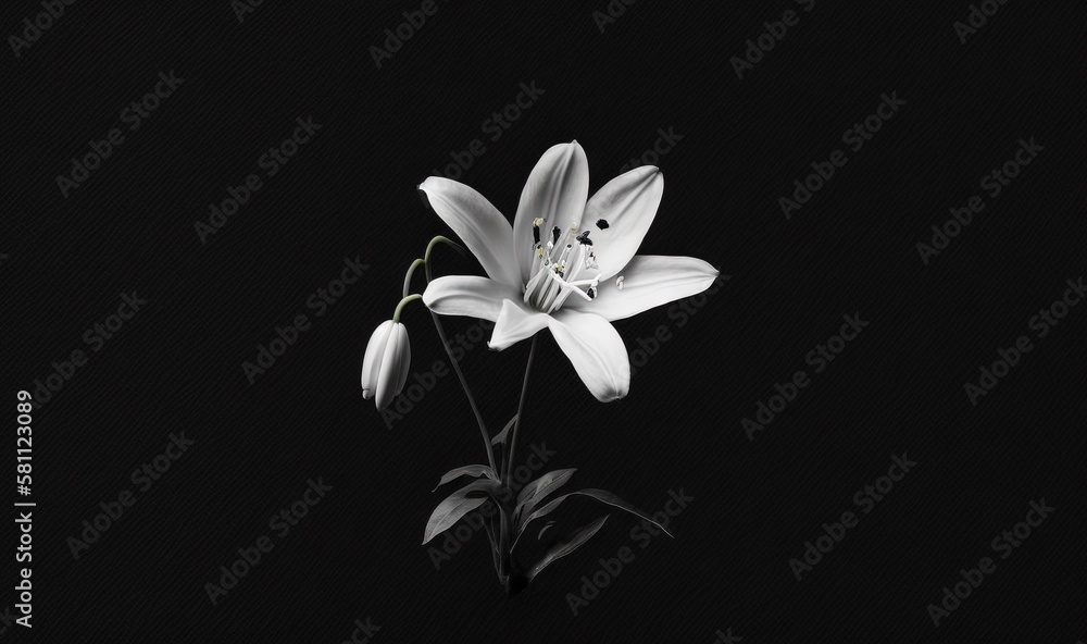  a single white flower on a black background with a black background and a white flower in the cente