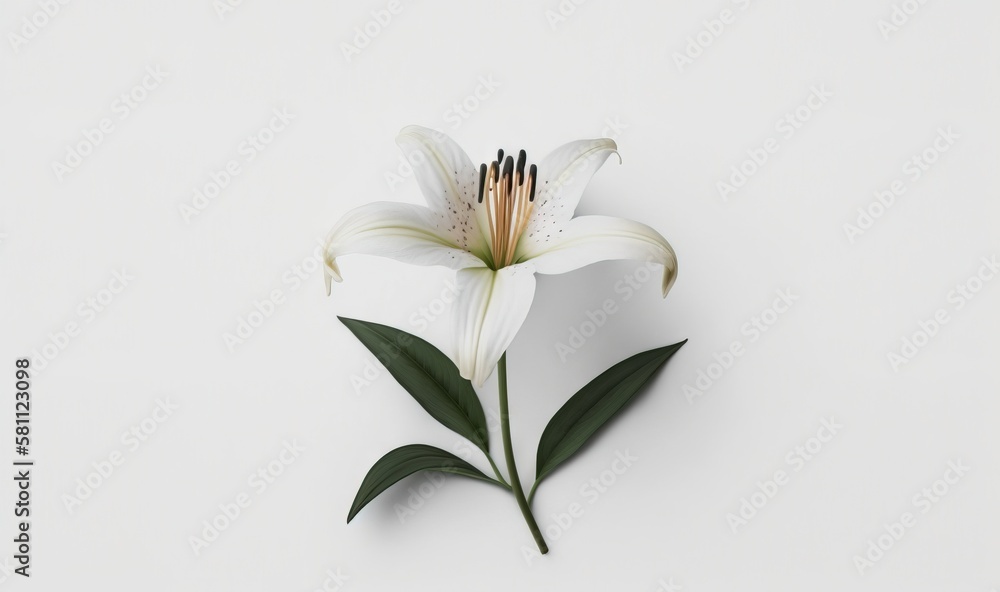  a single white lily with green leaves on a white background with space for a text or a picture to p