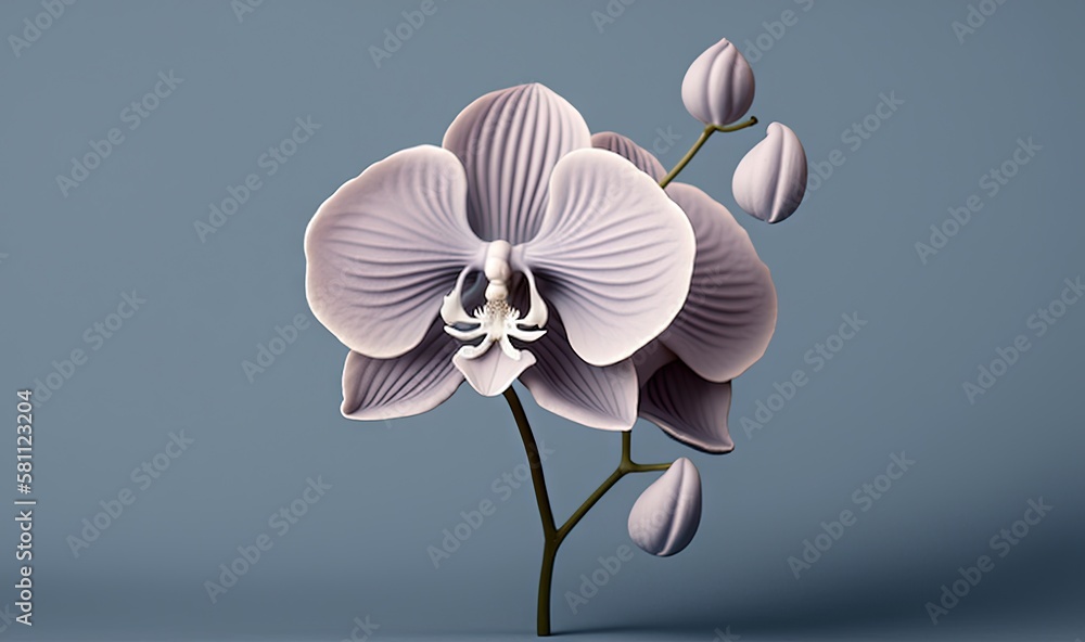  a purple flower with white petals on a blue background with a shadow of the flower on the left side