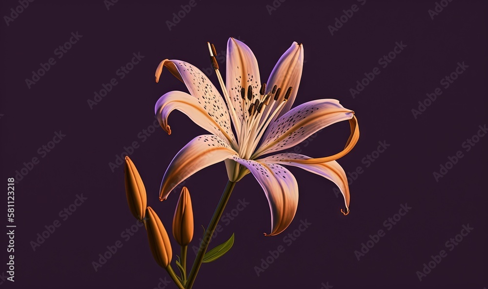  a single flower with water droplets on its petals and a purple background with a black spot in the