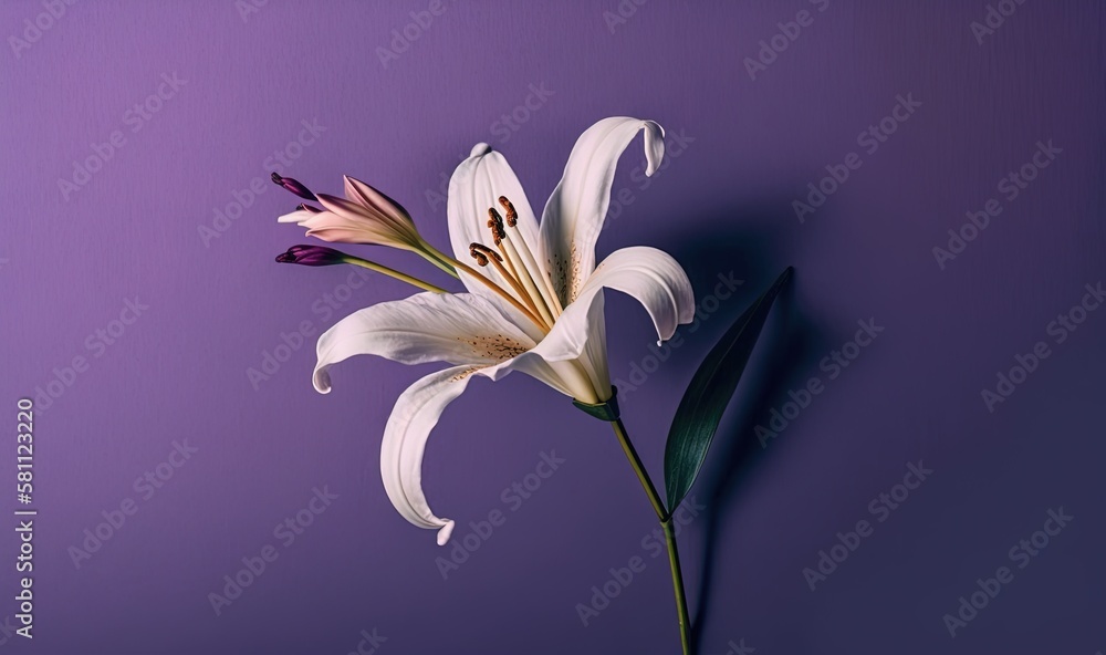  a white flower with a purple background is photographed in this image with a single stem in the for