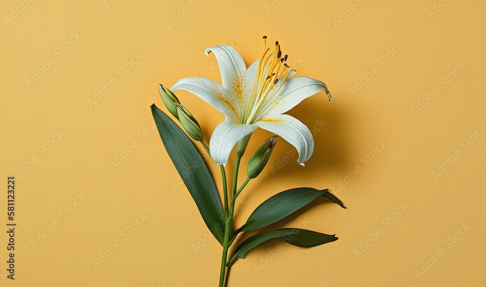  a white flower on a yellow background with green leaves on the stem and a bee on the flower stem on