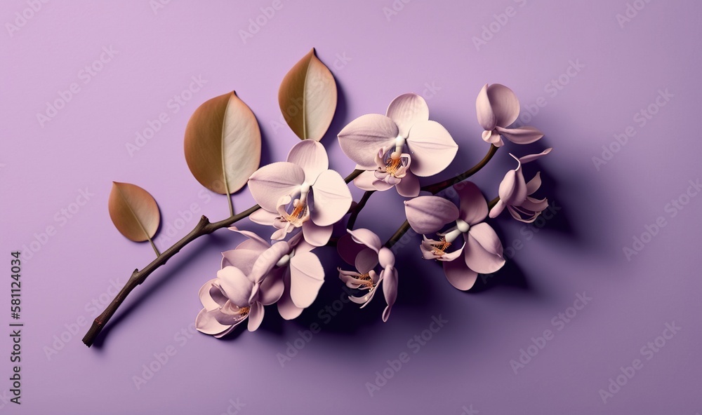  a branch of purple orchids with leaves on a purple background with a shadow of the flower on the le