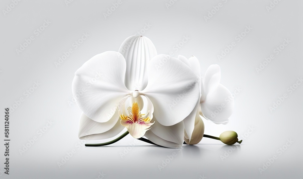  a white flower with a yellow center on a gray background with a white background with a white backg