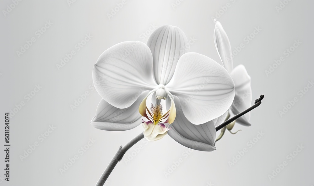  a white flower with a long stem on a gray background with a light reflection of the flower on the l