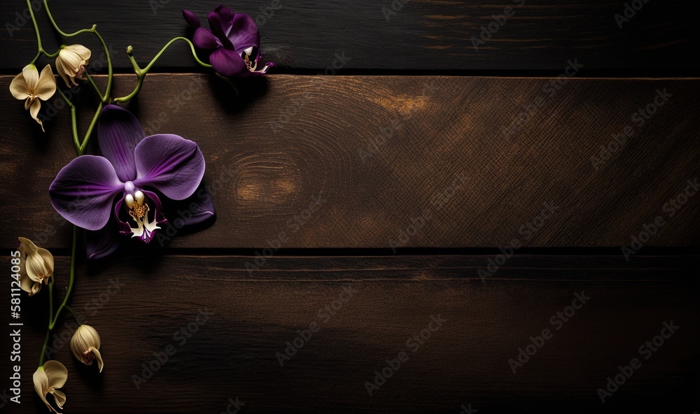  a purple flower on a wooden surface with other flowers on the side of the table and a bee in the ce