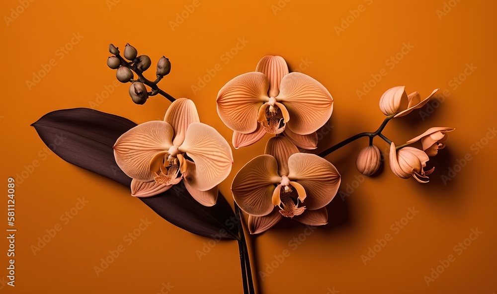  a group of flowers that are sitting on a orange surface with a black stem on the end of the stem an