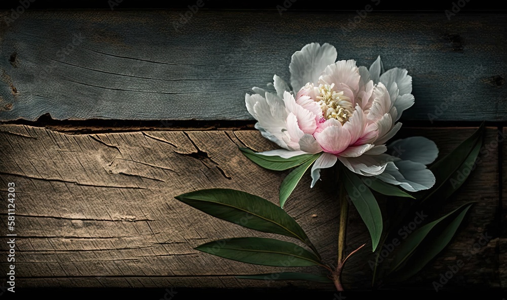  a pink and white flower sitting on top of a wooden planked wall next to a green leafy plant on top 