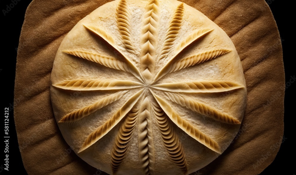  a piece of bread with a leaf design on its side, on a brown surface, with a black back ground, wit