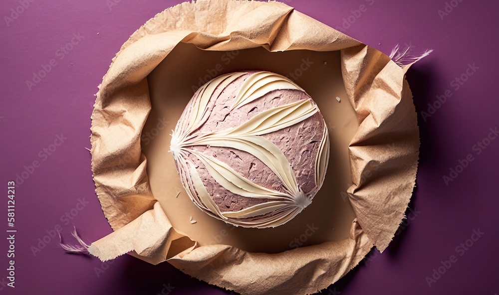  a piece of cake sitting on top of a piece of paper on top of a purple tablecloth covered in white i