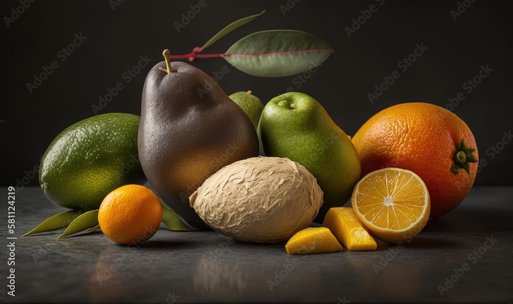  a still life of fruit including oranges, pears, and avocados on a table top with a leaf on it and a