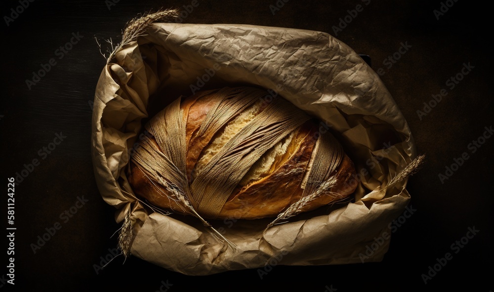  a loaf of bread wrapped in a brown wrapper on a black background with a brown cloth on top of the w