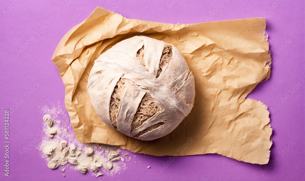  a loaf of bread sitting on top of a piece of brown paper next to a pile of white rice on a purple s