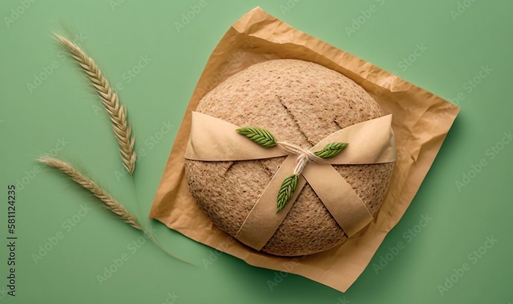  a loaf of bread wrapped in a ribbon and tied with a bow on a piece of paper with a stalk of grass n