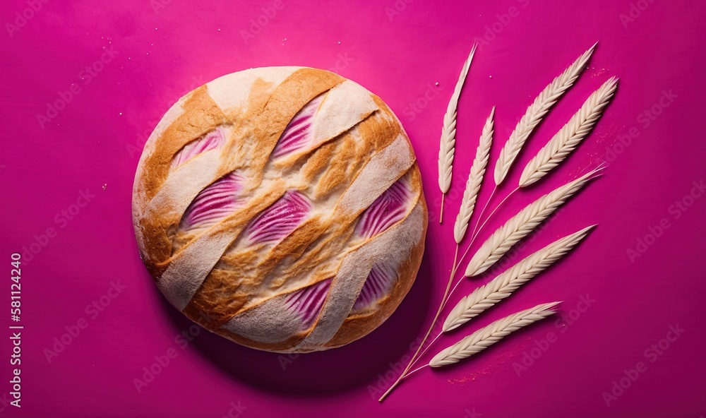  a loaf of bread with a leaf on a pink background with a pink background and a pink background with 