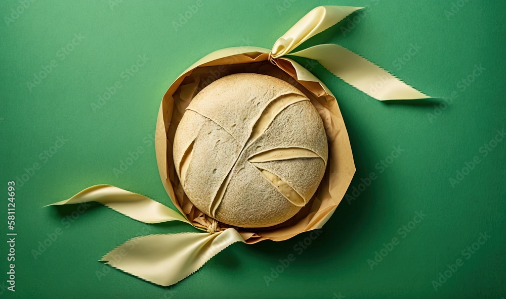  a loaf of bread in a paper bag with a ribbon around it on a green surface with a yellow bow around 