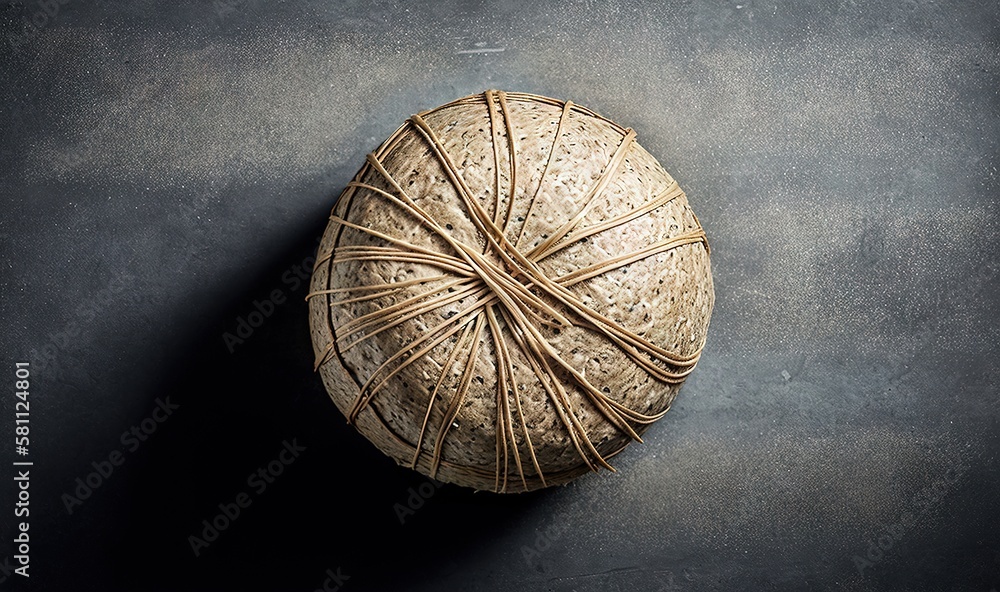  a ball of string wrapped up on a black surface with a shadow on the floor and a black background wi