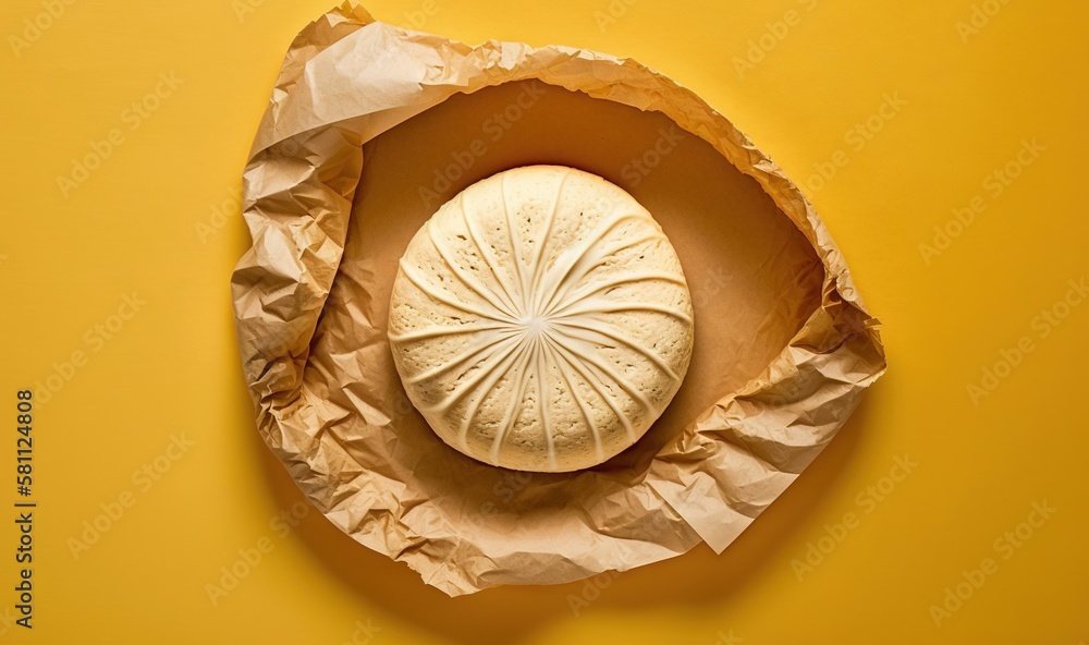  a piece of bread sitting on top of a piece of paper on top of a yellow tablecloth covered in wax pa