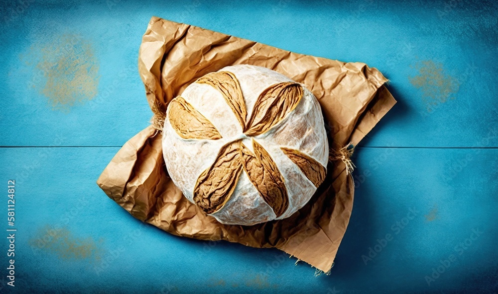  a loaf of bread sitting on top of a piece of paper on top of a blue tablecloth covered in brown pap