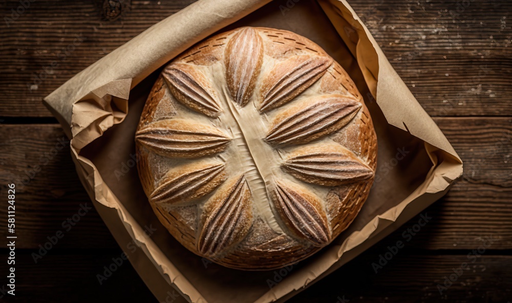  a loaf of bread in a box on a wooden table with a brown wrapping paper around it and a piece of bre