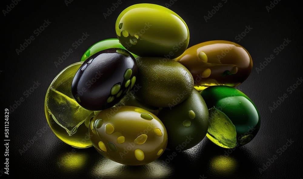  a bunch of fruit sitting on top of a black table next to a black background with a green leaf on to