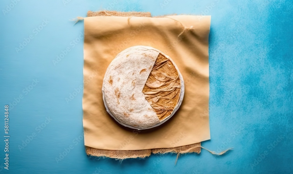  a loaf of bread sitting on top of a piece of paper on top of a blue surface with a torn piece of pa