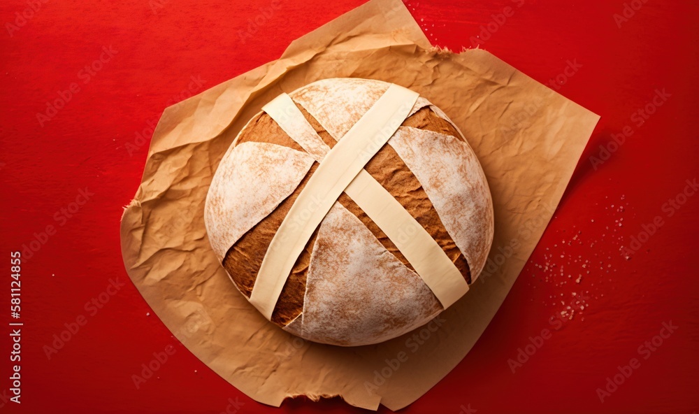  a loaf of bread sitting on top of a piece of brown paper on a red tablecloth covered with wax paper