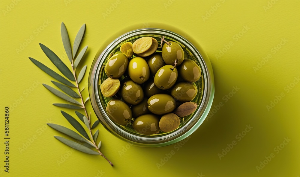  a glass jar filled with green olives next to an olive branch on a yellow surface with a green leaf 