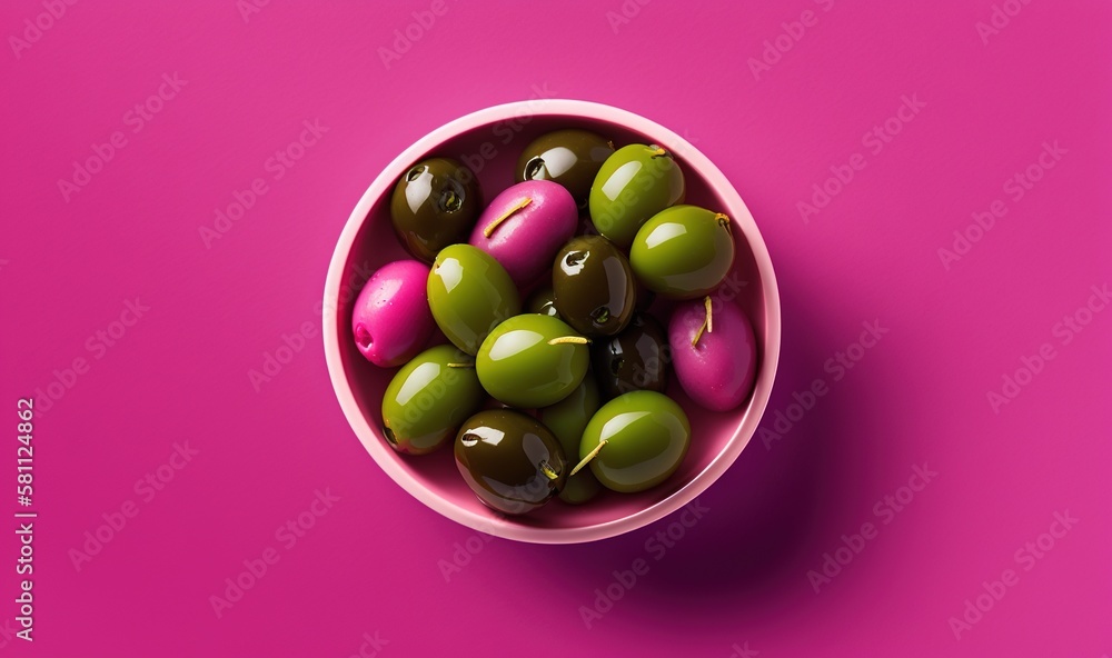  a pink bowl filled with green and pink olives on a pink background with a pink border around the bo