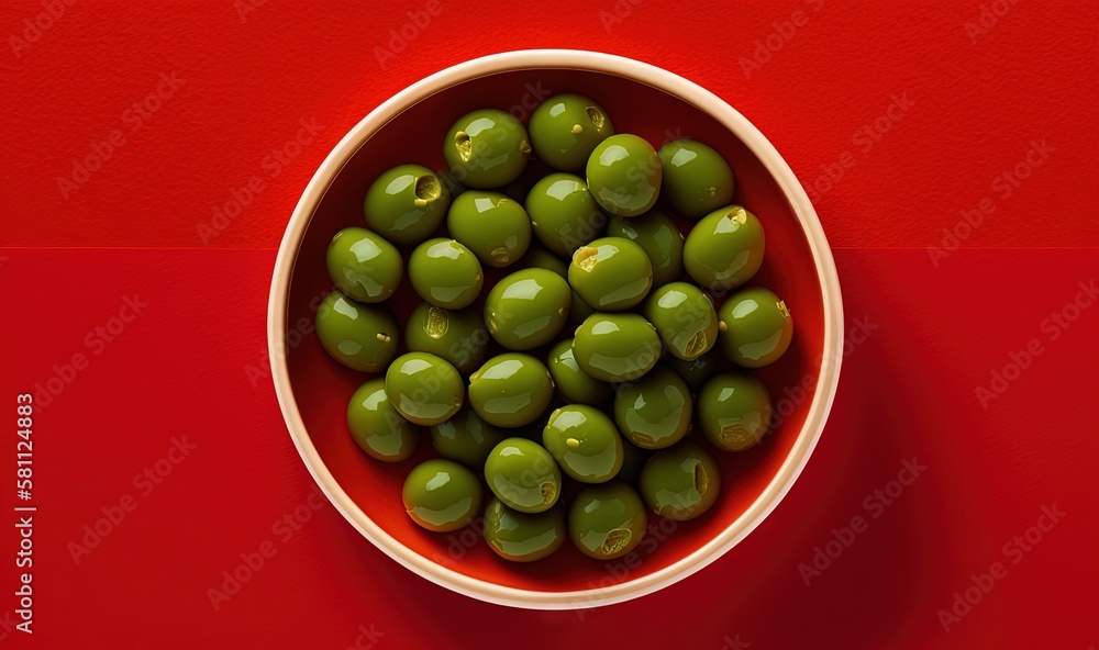  a white bowl filled with green olives on a red and red tablecloth with a red stripe in the middle o