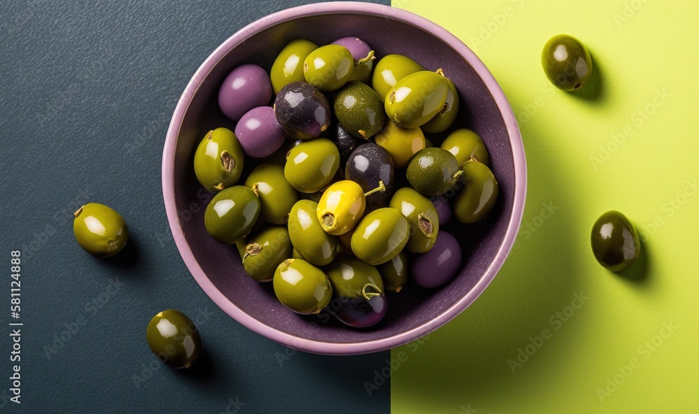  a bowl of green and purple olives on a green and yellow background with olives on the side of the b