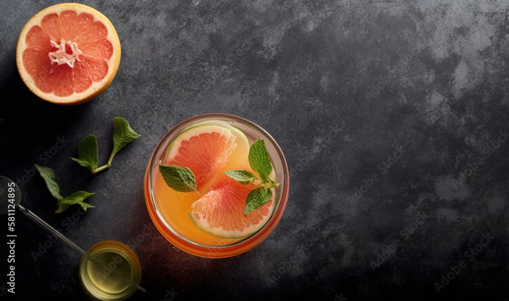  grapefruit, mint, and orange juice in a glass on a black surface with a spoon and a glass of orange