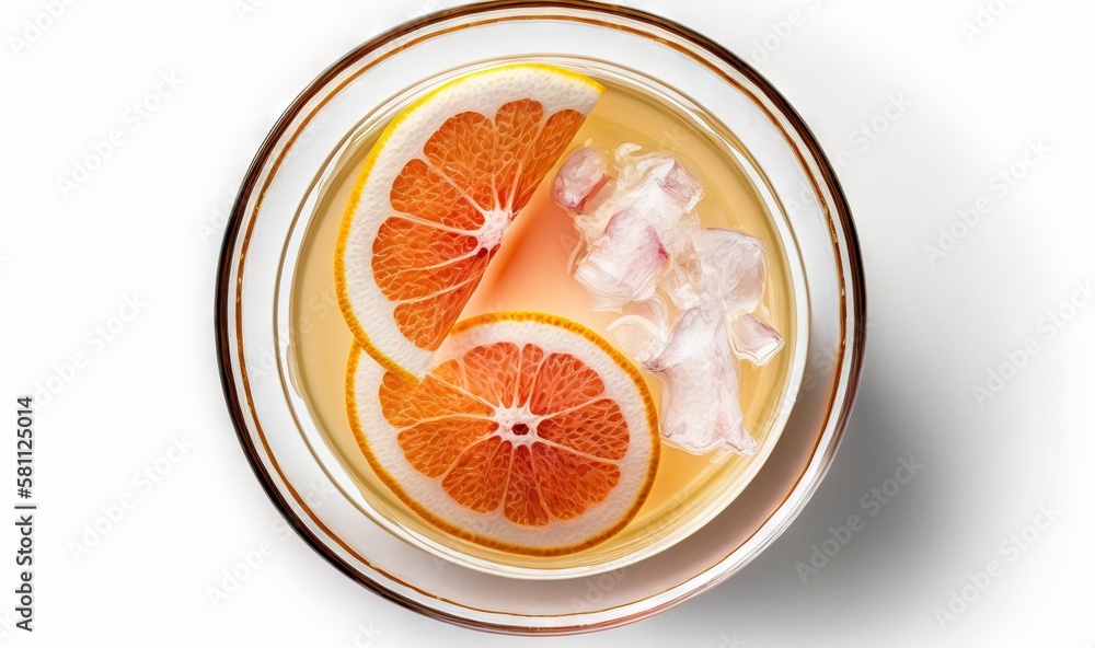  a bowl of orange slices and ice cream on a white surface with a brown rim and a brown rim around th