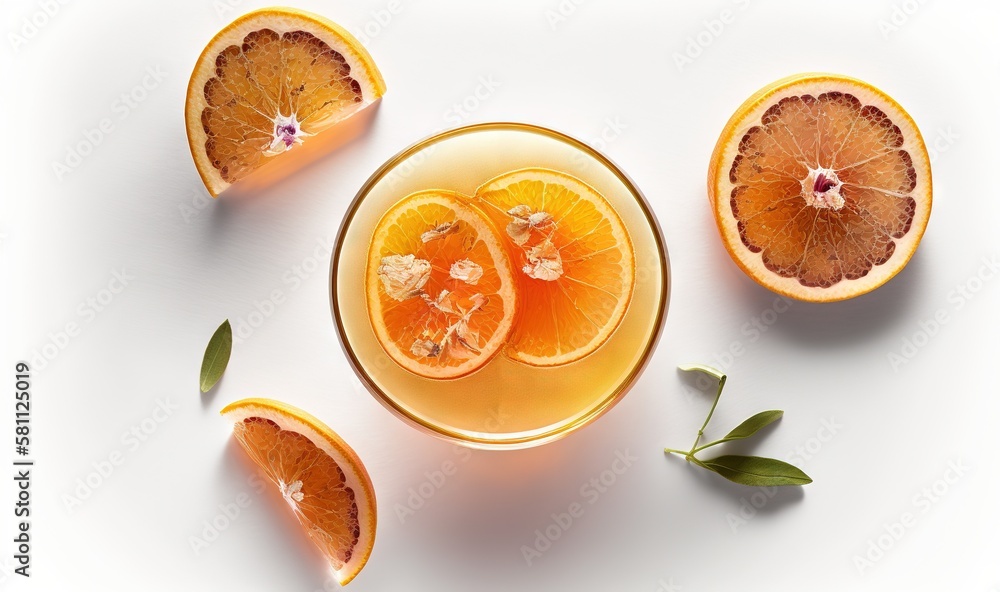  a glass of orange juice with slices of oranges on the side of the glass and leaves on the side of t