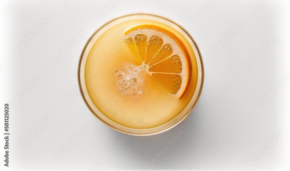  a glass of orange juice with a slice of orange on top of the glass and the juice is in the glass wi