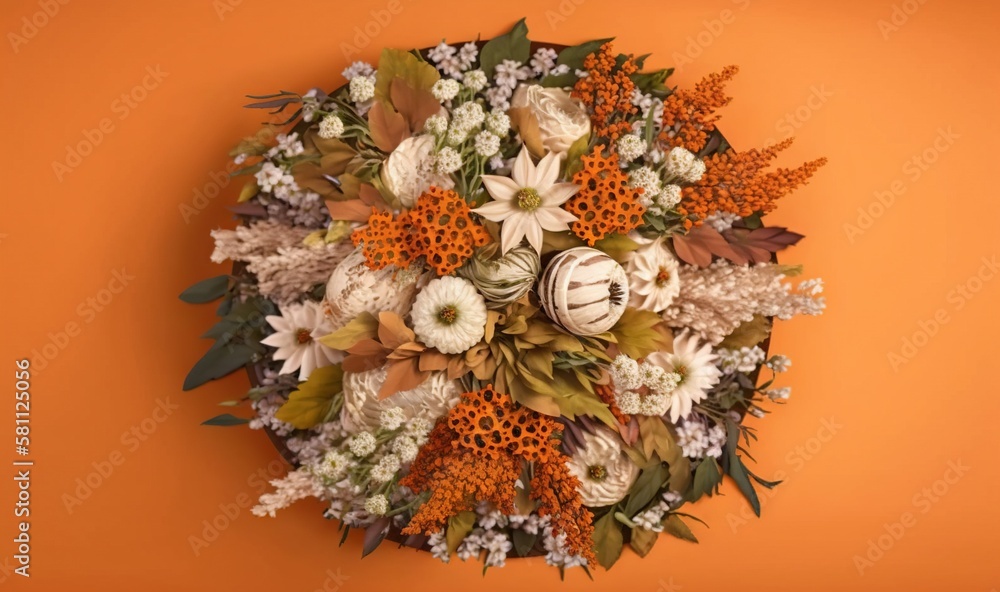  a bouquet of flowers arranged on an orange background with a clock in the middle of the bouquet on 