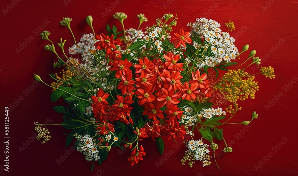  a bunch of flowers that are on a red table top with a red background and a red wall behind them wit