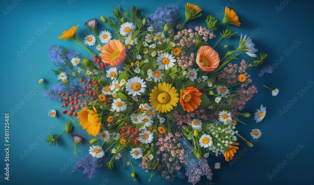  a bunch of flowers that are on a blue background with a blue background and a blue background with 