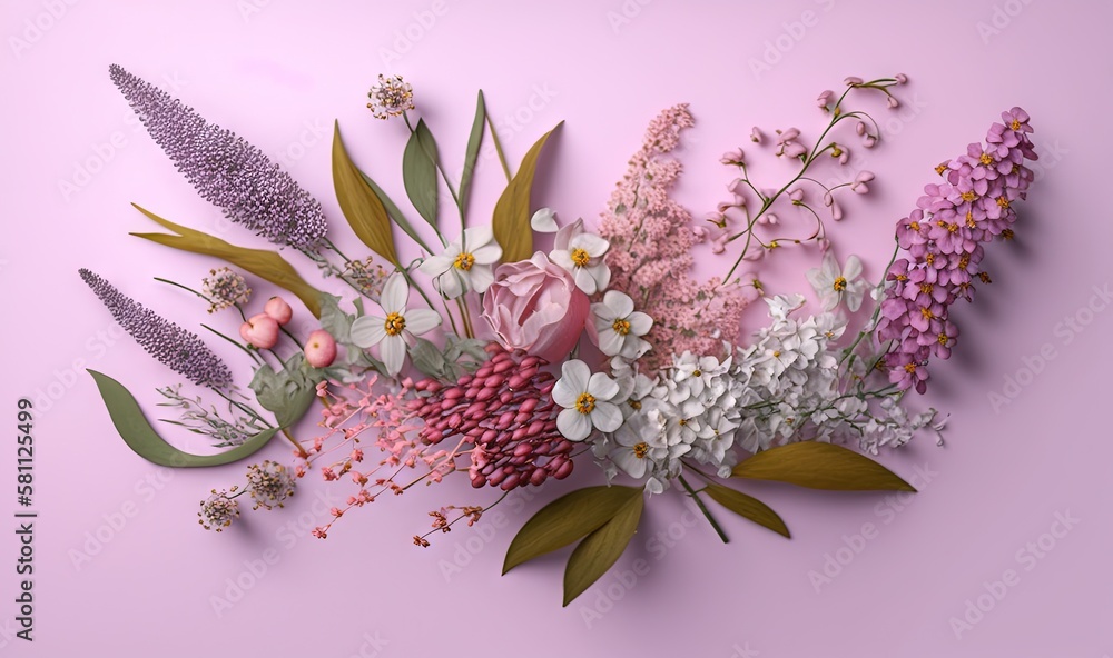  a bunch of flowers that are on a pink surface with leaves and flowers in the middle of the frame, o