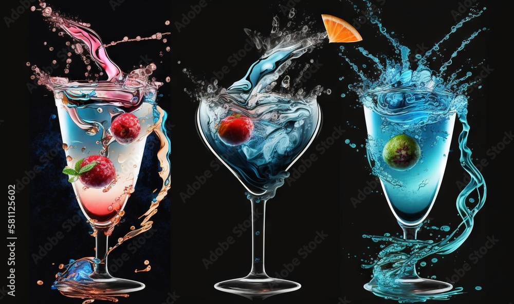  three glasses of different kinds of drinks with splashing water and fruit on the side of the glasse