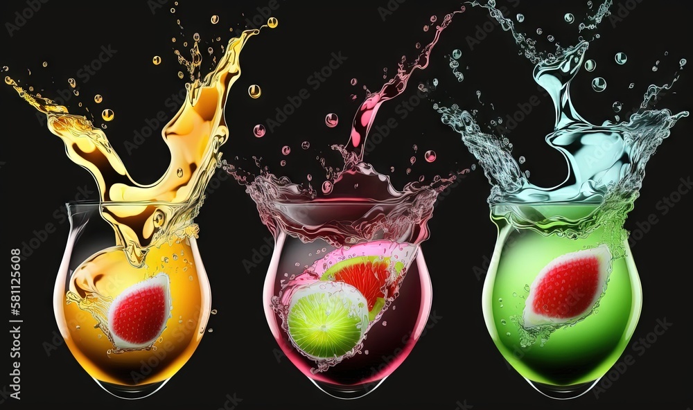  three glasses filled with different colored liquids and fruit in them with splashes of water on the