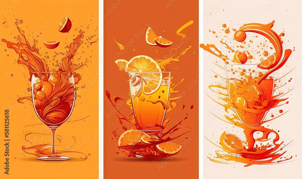  a set of three banners with orange juice and splashing oranges and lemons in glasses on an orange b