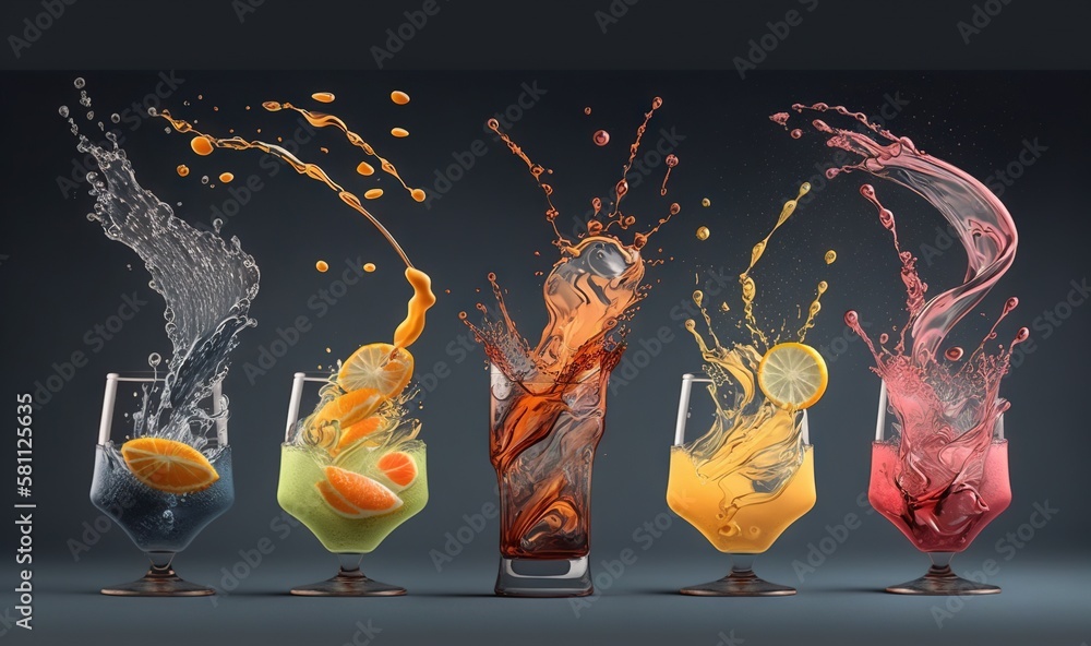  a group of glasses filled with different colored liquids and splashing oranges and lemons into them