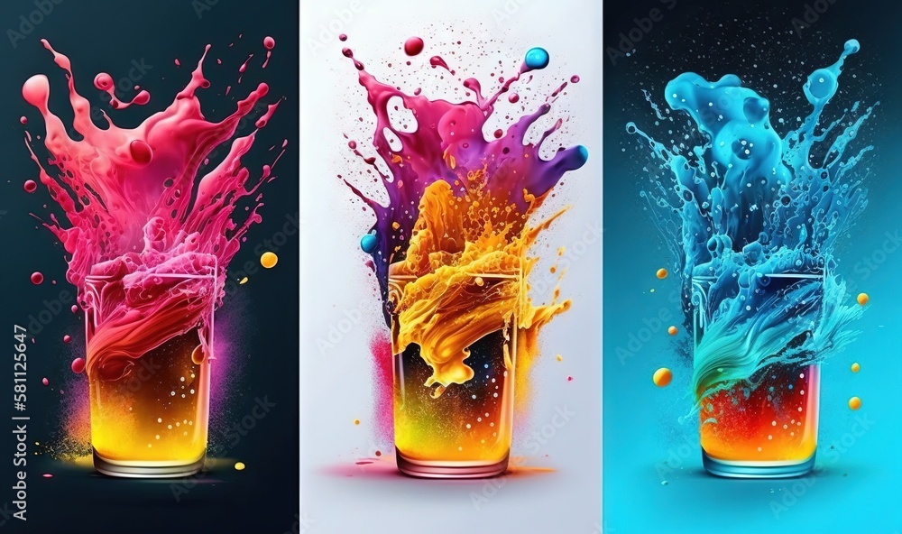  three different shots of colored liquid in a glass with a splash of water on the side of the glass,