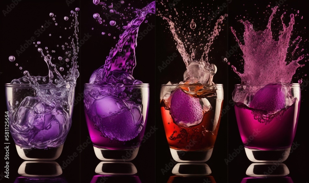  three different colored drinks are being poured into glasses with ice cubes and water splashing out