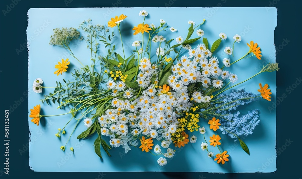  a bouquet of wildflowers and daisies on a blue background, top view, from above, with space for tex